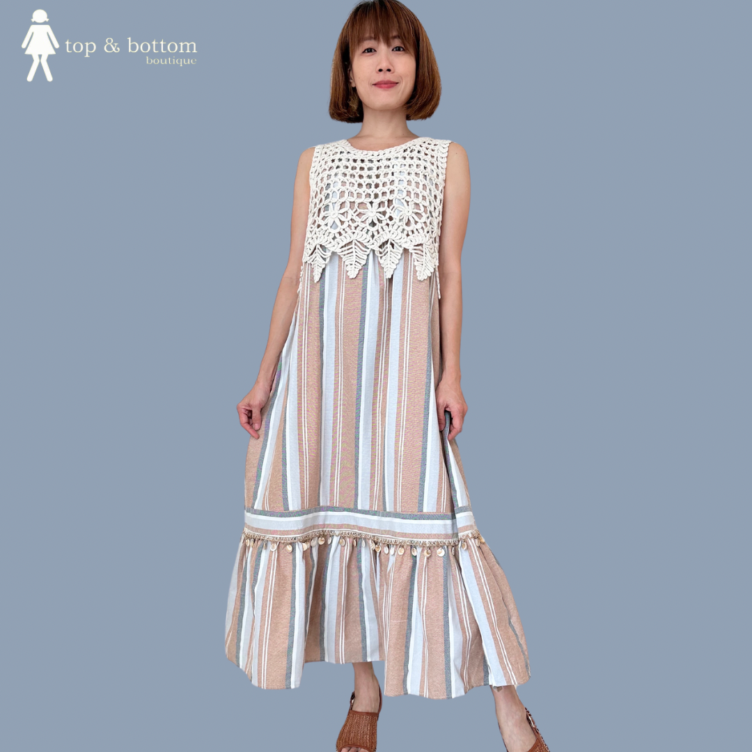 HALTER NECK STRIPED LONG DRESS WITH CROCHET OUTER (2PCS)