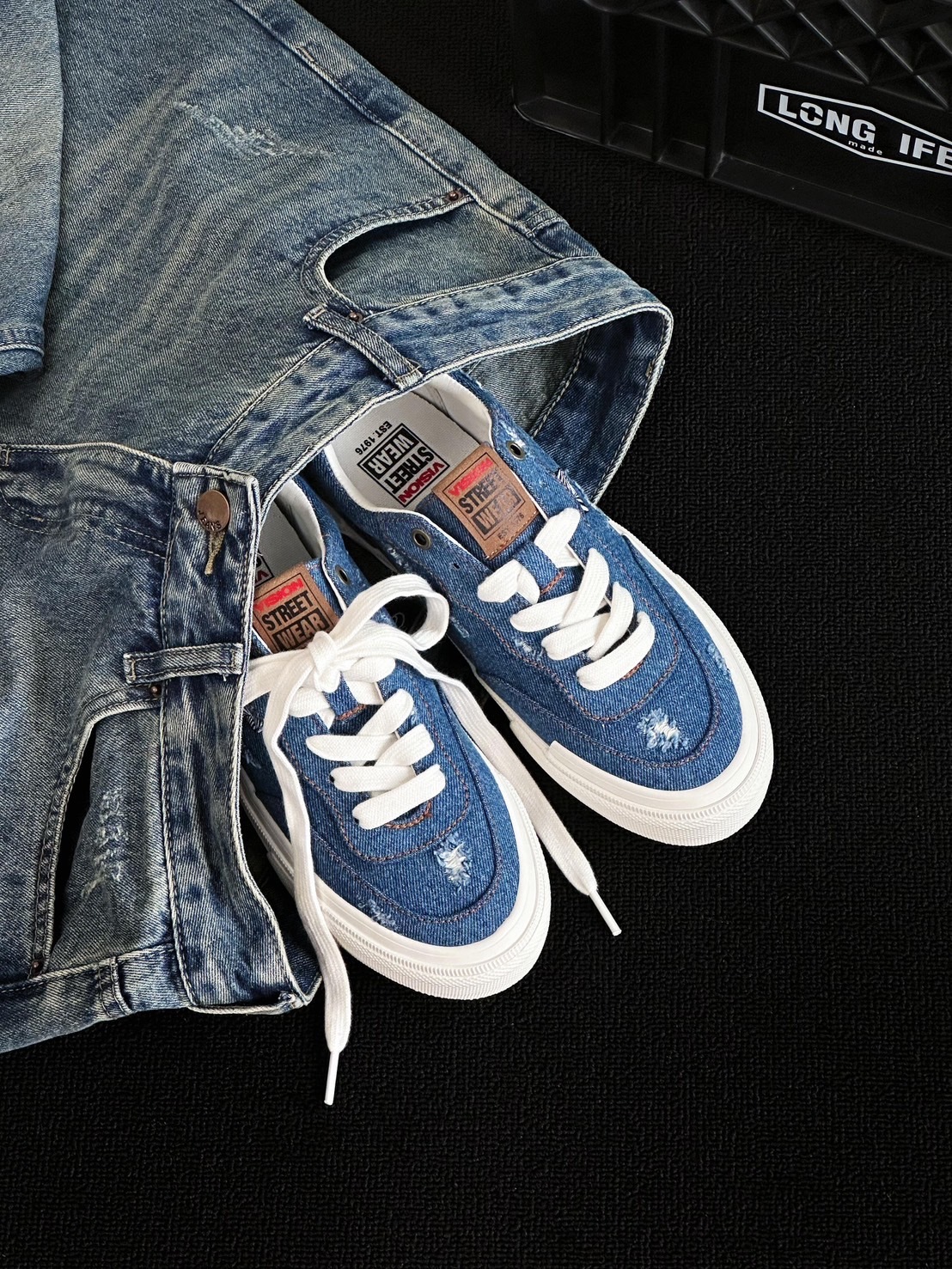 Vision Street Wear Flat Top 牛仔丹寧 水洗 破壞 復古 帆布鞋 滑板鞋 男女/預購