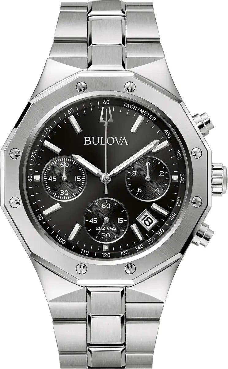 萬年鐘錶 - BULOVA 寶路華  BULOVA 海洋之星 八角型黑面三眼不鏽鋼航海系列男錶  96B410  錶徑 44MM