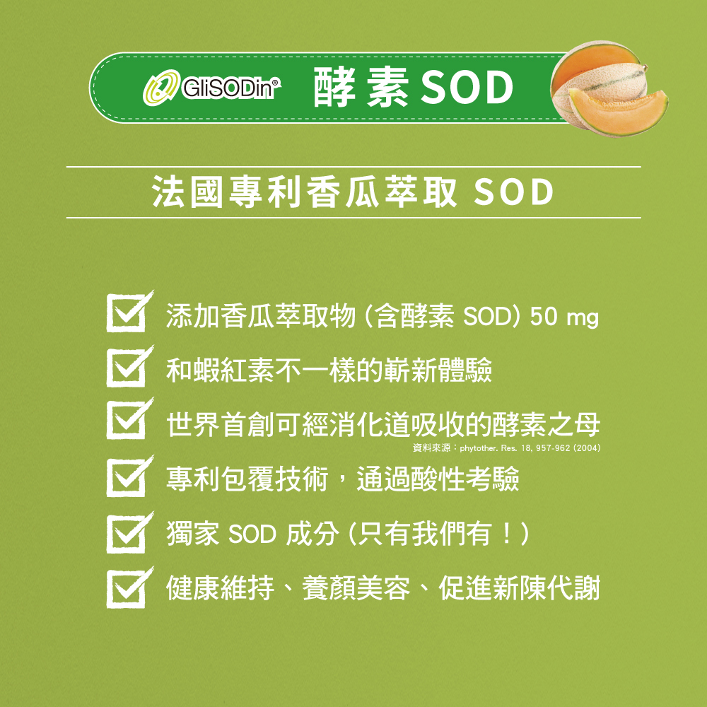 雲飛選擇葉黃素PLUS成分-法國專利香瓜萃取SOD-世界首創可經消化道吸收的酵素之母