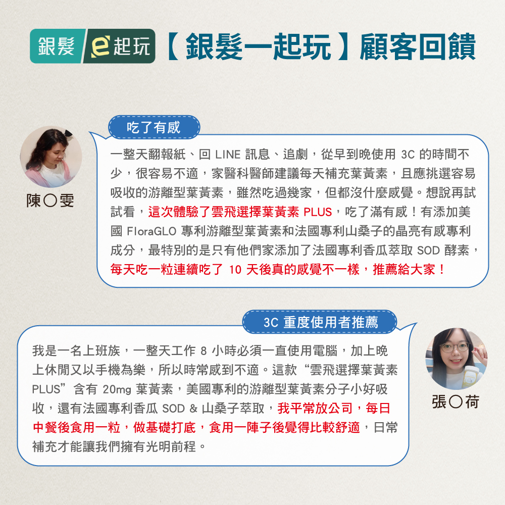 雲飛選擇葉黃素PLUS-【銀髮一起玩】顧客回饋