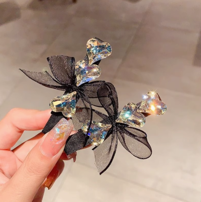 [4 FOR RM10] Rhinestone Heart Mesh Ribbon Hair Clip