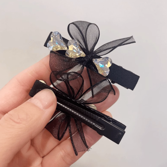 [4 FOR RM10] Rhinestone Heart Mesh Ribbon Hair Clip