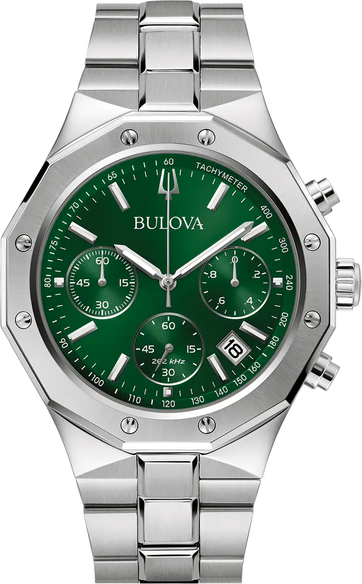 萬年鐘錶 - BULOVA 寶路華  BULOVA 海洋之星 八角型綠面三眼不鏽鋼航海系列男錶 96B409  錶徑 44MM