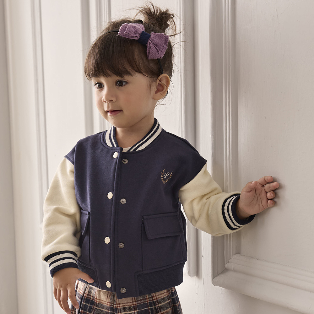 PIPPY 休閒棉質撞色拼接棒球外套 (中性款)  藍