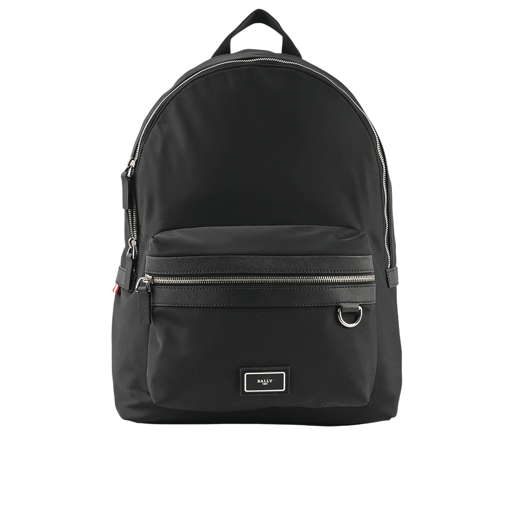 【BALLY】Nygel 浮雕橡膠標誌尼龍及防刮皮革拉鍊後背包(黑色) 6301133