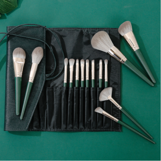 Hot style [14 pieces] makeup brushes with artificial fiber hair (color: green, green jack bag)