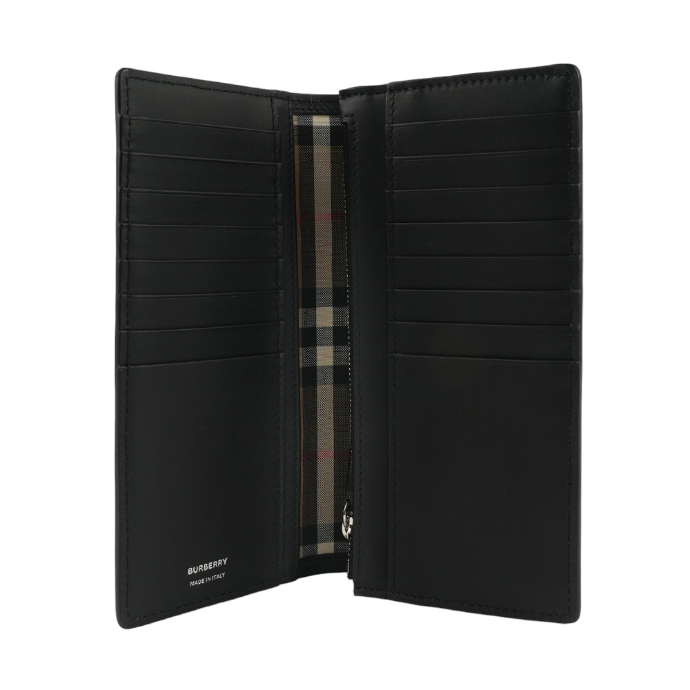 【BURBERRY】銀字粒紋牛皮內拼格紋二折長夾(黑色) 80840701