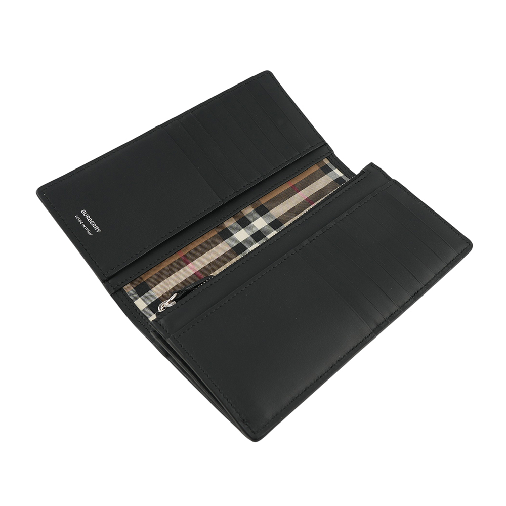 【BURBERRY】銀字粒紋牛皮內拼格紋二折長夾(黑色) 80840701