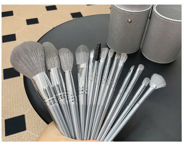 Hot style [14-pack] makeup brushes (storage bucket, silver)