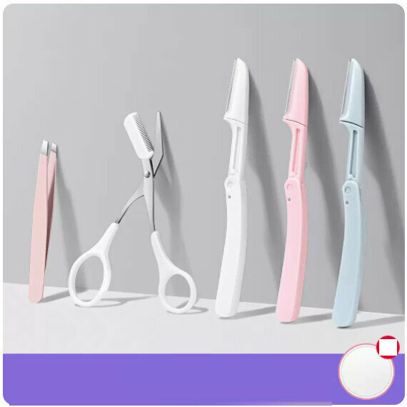 New eyebrow trimmer eyebrow pliers set [simple white eyebrow scissors + 3 eyebrow knives + eyebrow clamp powder]