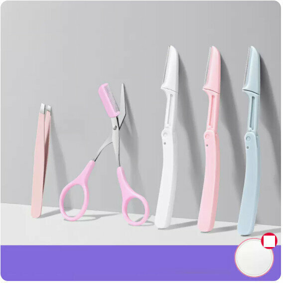 New eyebrow trimmer and eyebrow pliers set [Barbie pink eyebrow comb scissors + 3 eyebrow knives + eyebrow clamp powder]