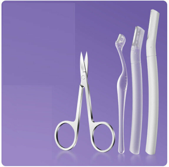 New eyebrow trimmer set [long knife + short knife + L-shaped + stainless steel scissors]