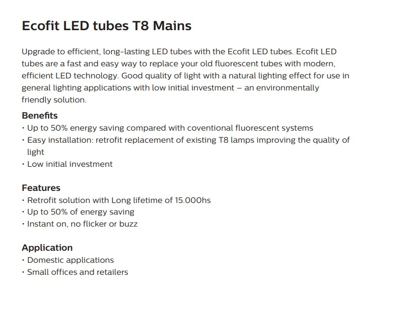 飛利浦 ECO FIT LED T8 TUBE 8W / 18W 4000K 600MM 1200MM LED燈管