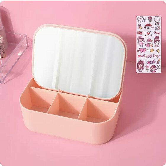 New desktop household small integrated makeup mirror storage box (pink-six compartments)