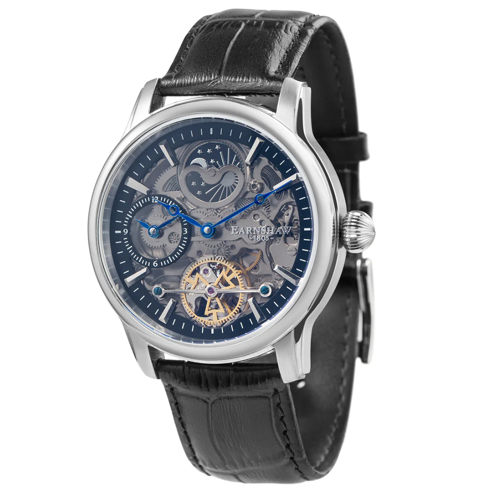 【Thomas Earnshaw 恩梭】ES-8063 Longitude Shadow 經度陰影系列 雙時區顯示 日月星辰 防水50米 真皮 皮革 機械錶-
