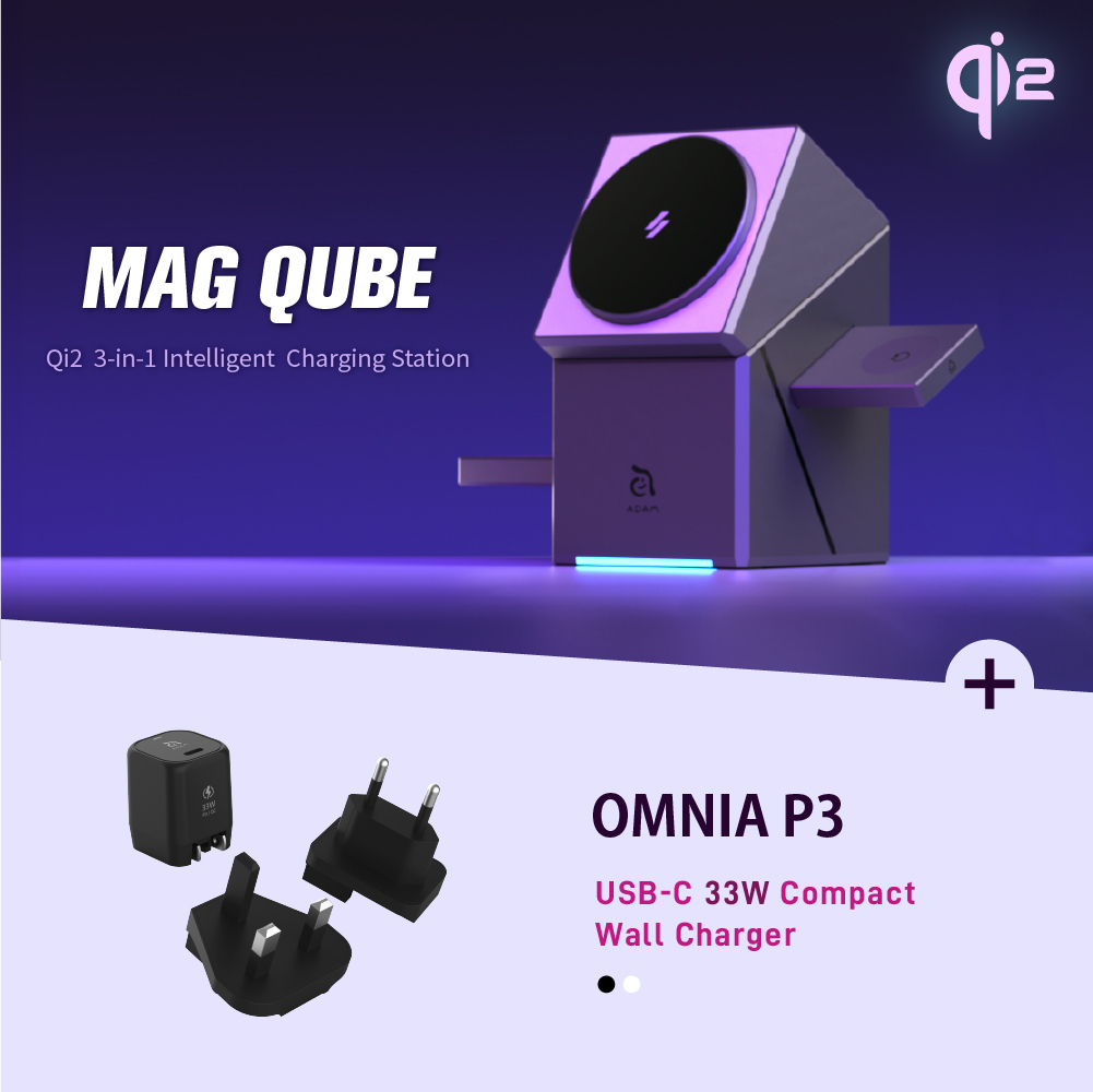 Mag Qube Qi2 3-in-1 Intelligent Charging Station + OMNIA P3 USB-C 33W Compact Wall Charger