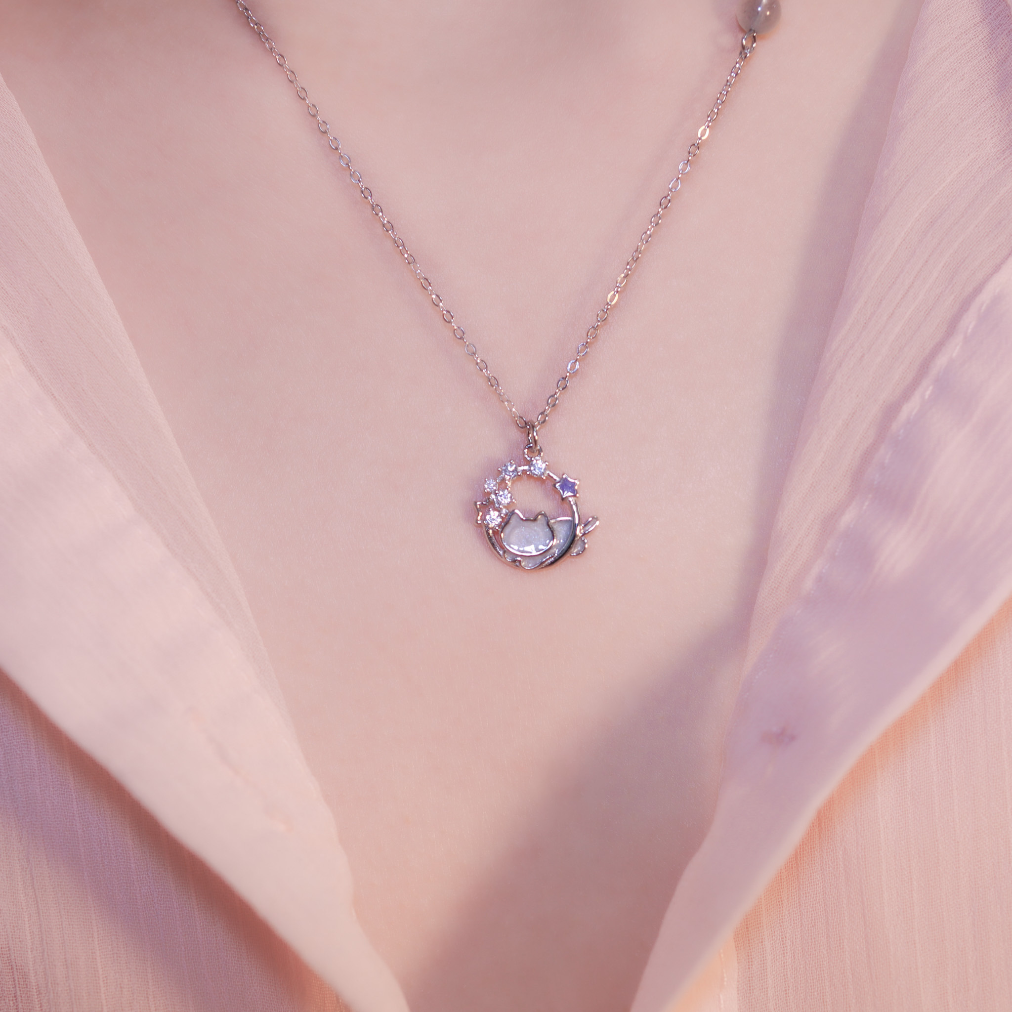 | 925純銀・白金 | 漫紫星晴貓咪項鍊 | NE1196 |