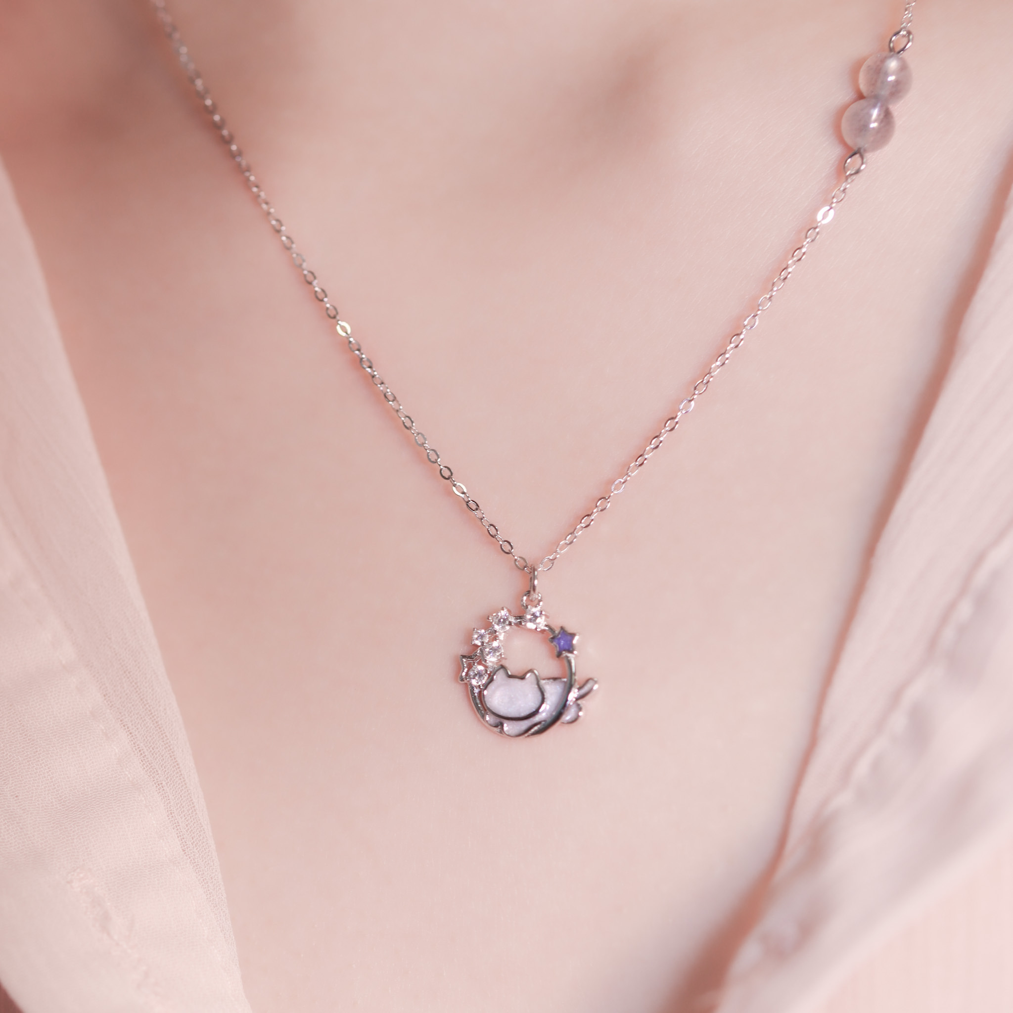 | 925純銀・白金 | 漫紫星晴貓咪項鍊 | NE1196 |