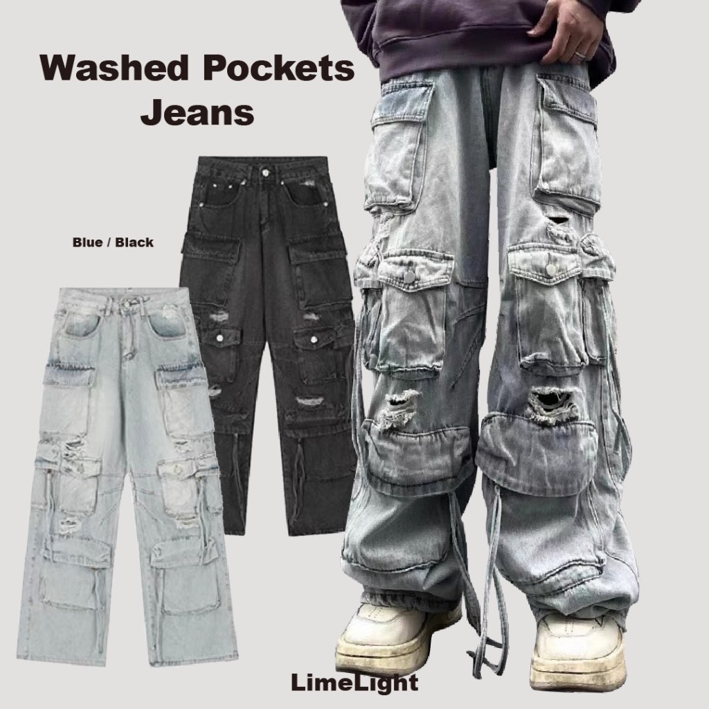 (GOAL) RVNTENG 破壞飄帶抽繩 口袋牛仔褲 1358