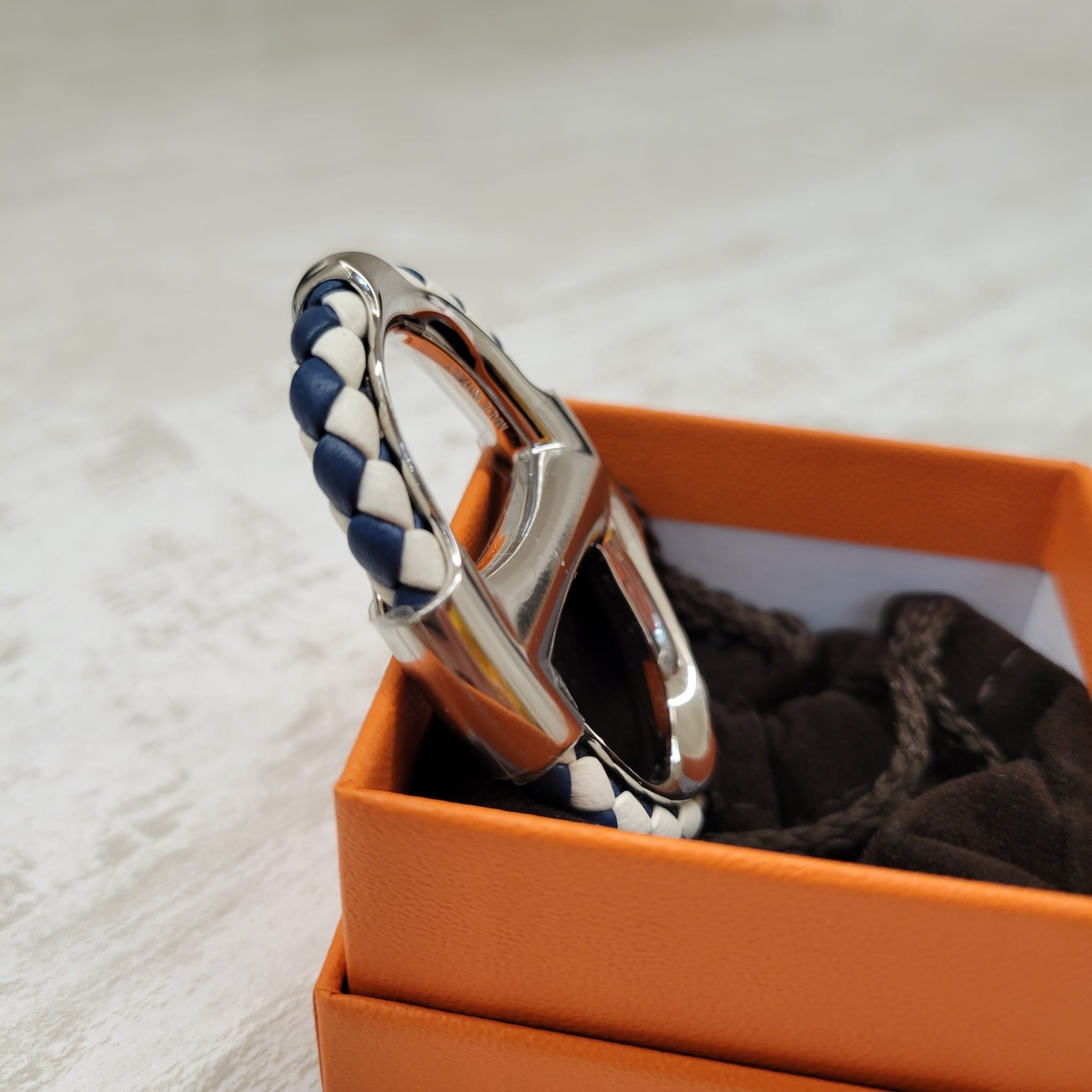 Hermes Chaine d'Ancre Tressee scarf 90 ring Palladié / Bleu