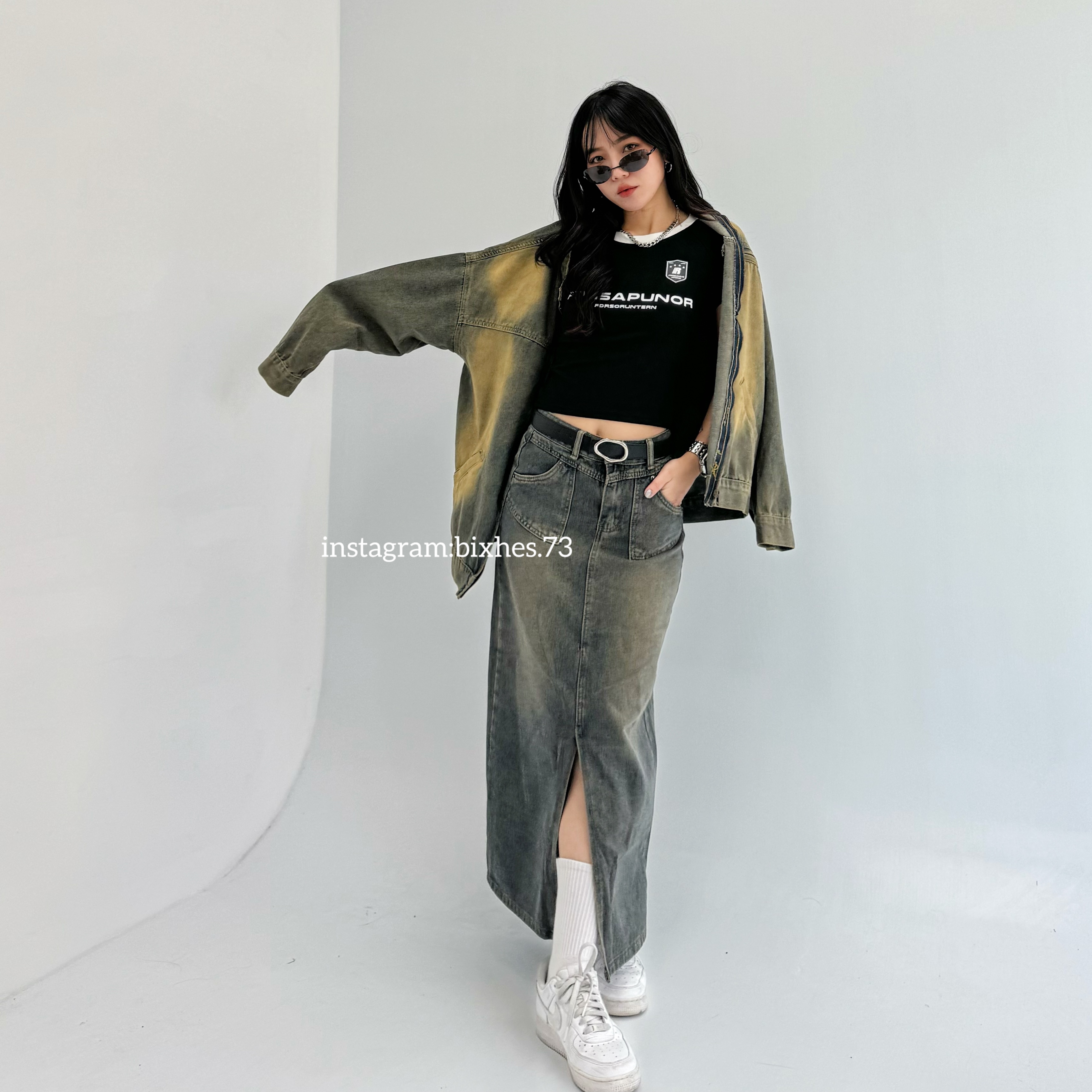 復古刷色牛仔前開衩長裙(D00037)