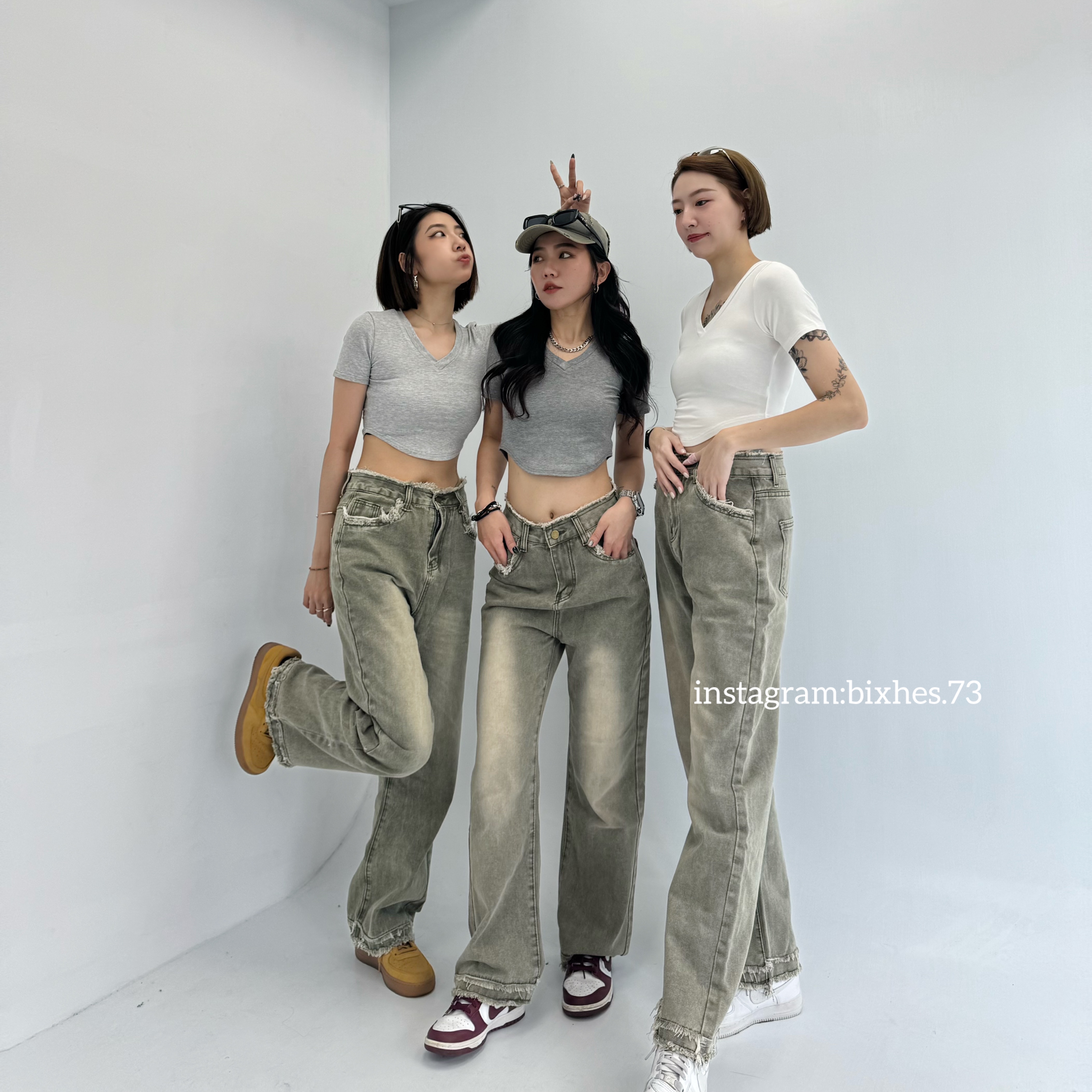 毛邊水洗綠直筒牛仔褲(E00100)