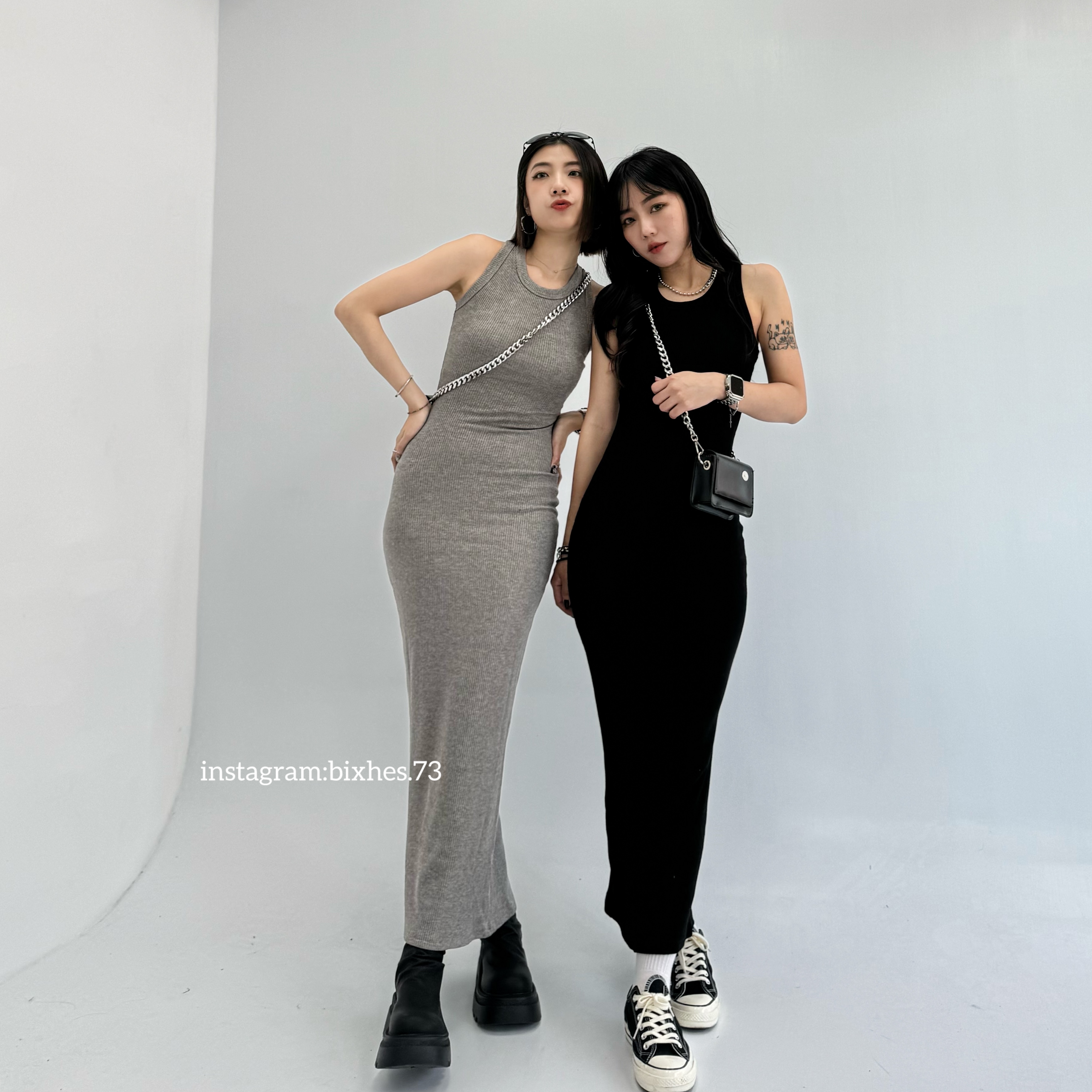 歐美無袖彈力長裙(D00038)