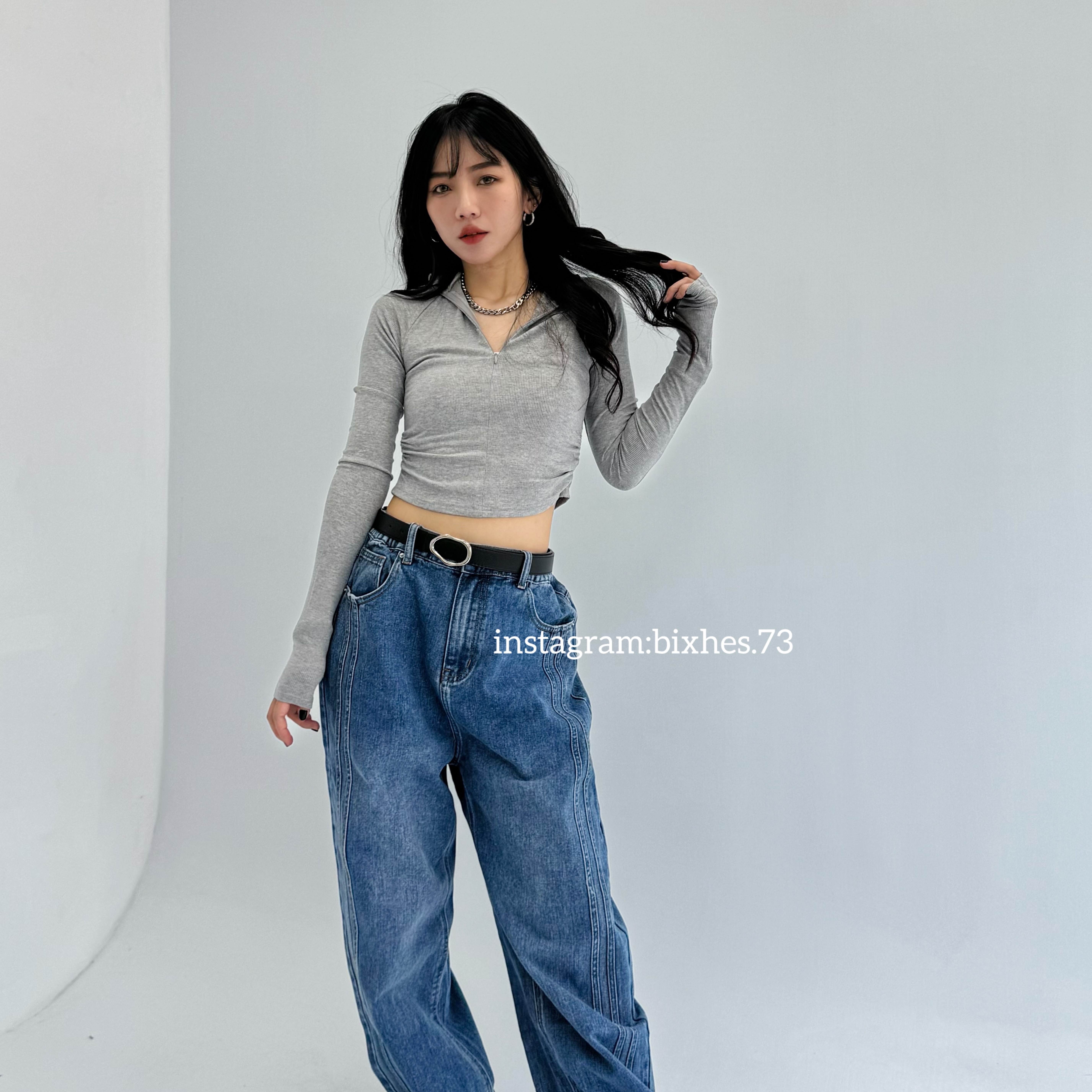 皺摺拉鍊長袖上衣(B00089)