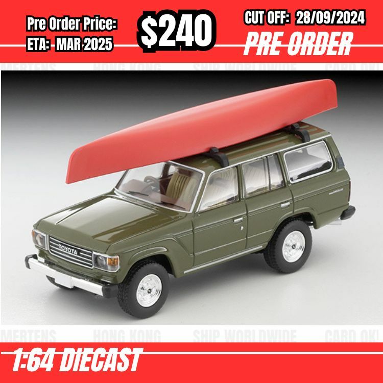 PO-$240 * Tomytec * 1:64 LV-V279e TOYOTA LAND CRUISER 60 Olive with Canoe/Figure [OD13/09]