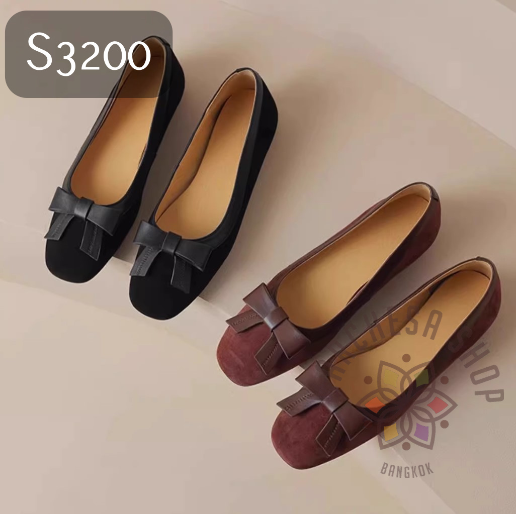 S3200 - 真皮羊猄拼皮蝴蝶平結方頭鞋 (兩種高度)