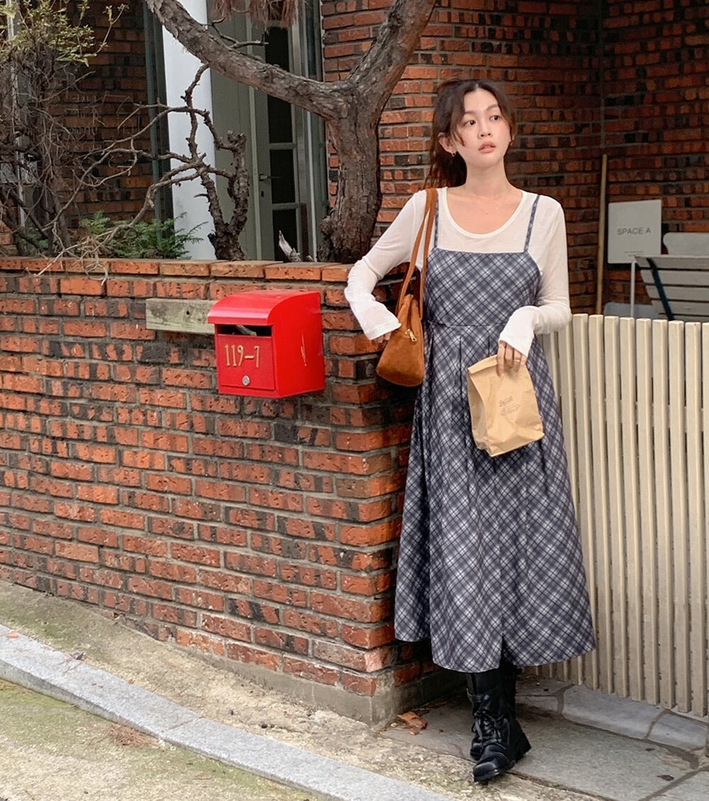 韓國grace muse授權 少女復古格紋後綁帶細肩洋裝