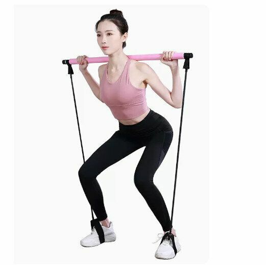 Popular multifunctional fitness bar yoga Pilates tension rope [Pilates bar-Sakura powder with foot stepping]
