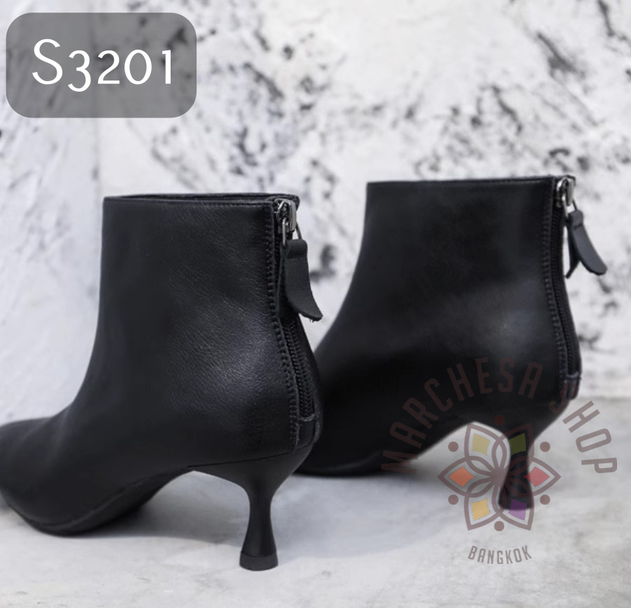 S3201 - 真皮牛皮車綫尖頭高踭踝靴