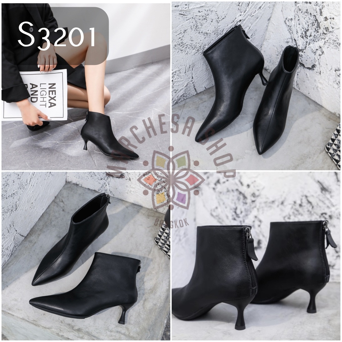 S3201 - 真皮牛皮車綫尖頭高踭踝靴