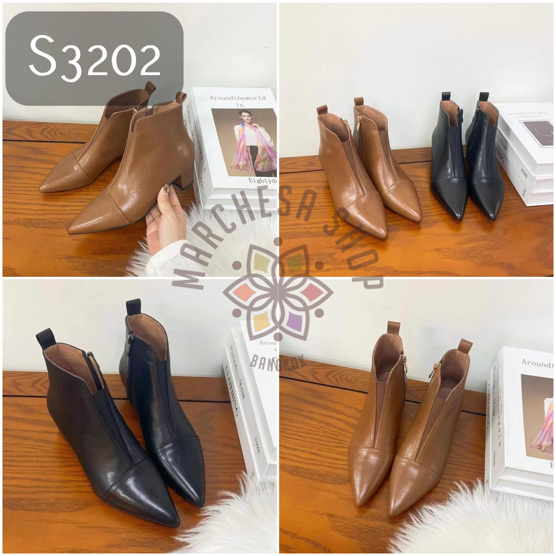 S3202 - 全真皮意大利進口牛皮彈力車綫尖頭高踭踝靴