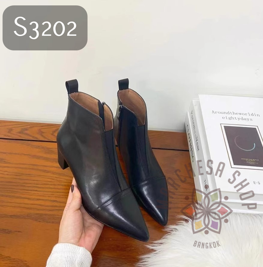 S3202 - 全真皮意大利進口牛皮彈力車綫尖頭高踭踝靴