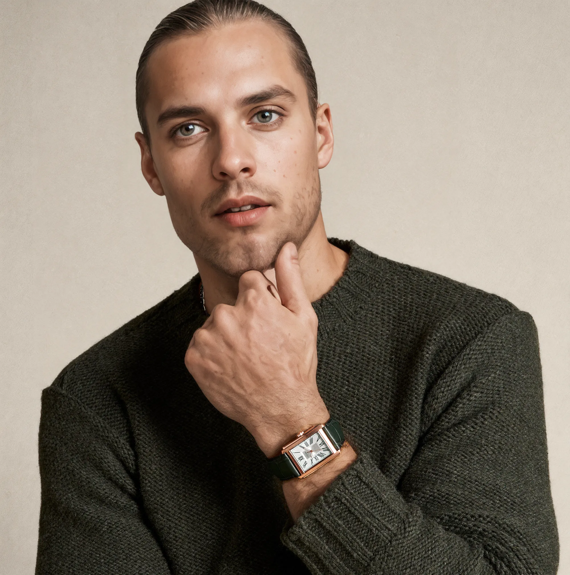 萬年鐘錶 - Fossil  復刻經典男錶 羅馬數字方形皮革男錶 FS6077  錶徑30x42MM