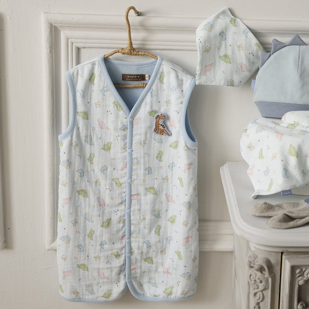 PIPPY 小恐龍印花棉質防被踢背心3件組初生禮盒 水藍
