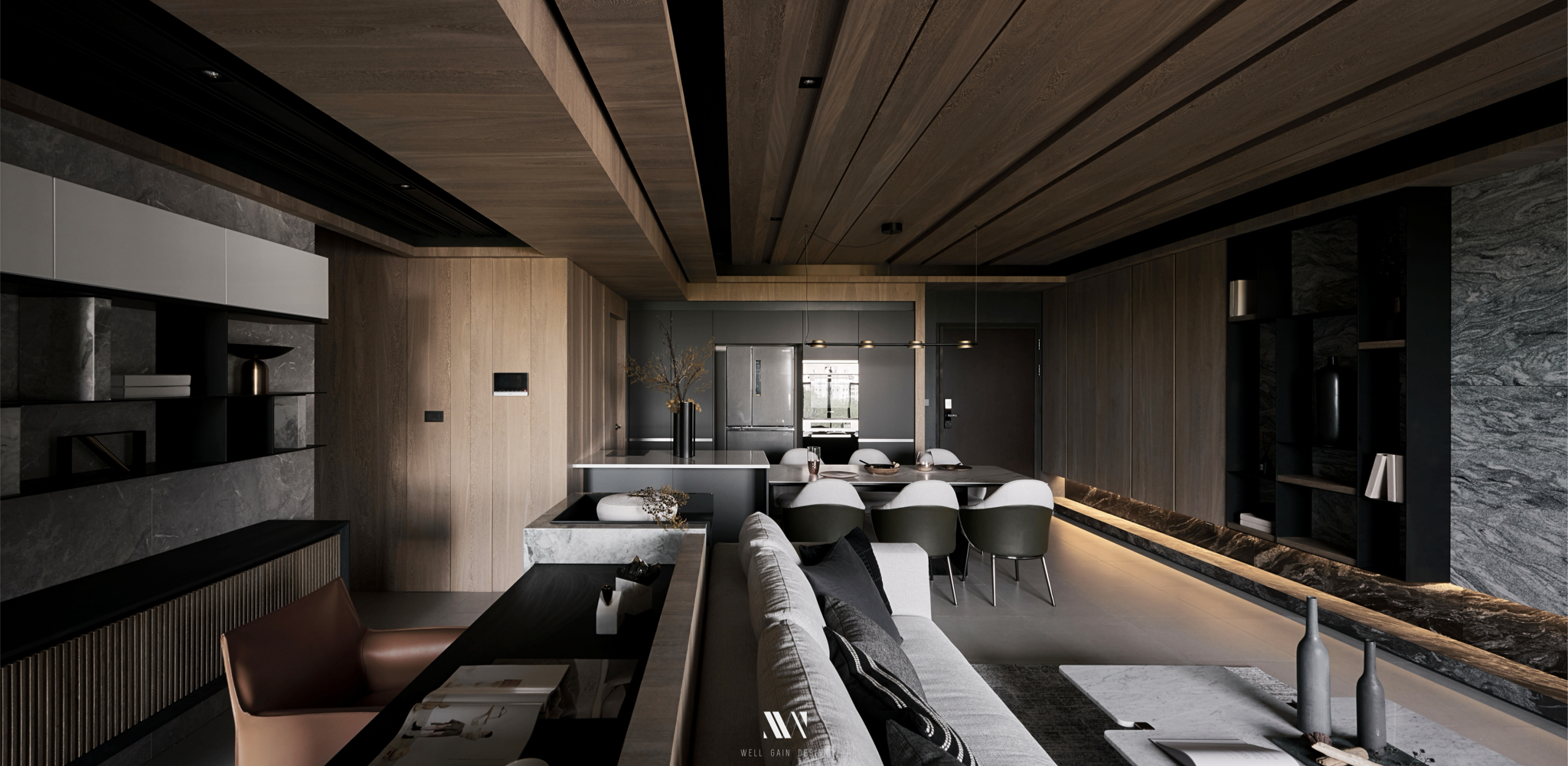 一盞簍空設計的台灣品牌吊燈OLO吊燈，展現通透的美感，裝在高雄市樹海風格的文森青的案場。