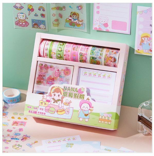 熱賣禮盒式手帳貼膠紙膠帶便利貼套裝（草莓假期）