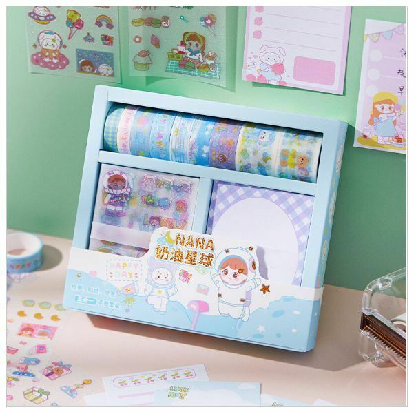 熱賣禮盒式手帳貼膠紙膠帶便利貼套裝（奶油星球）