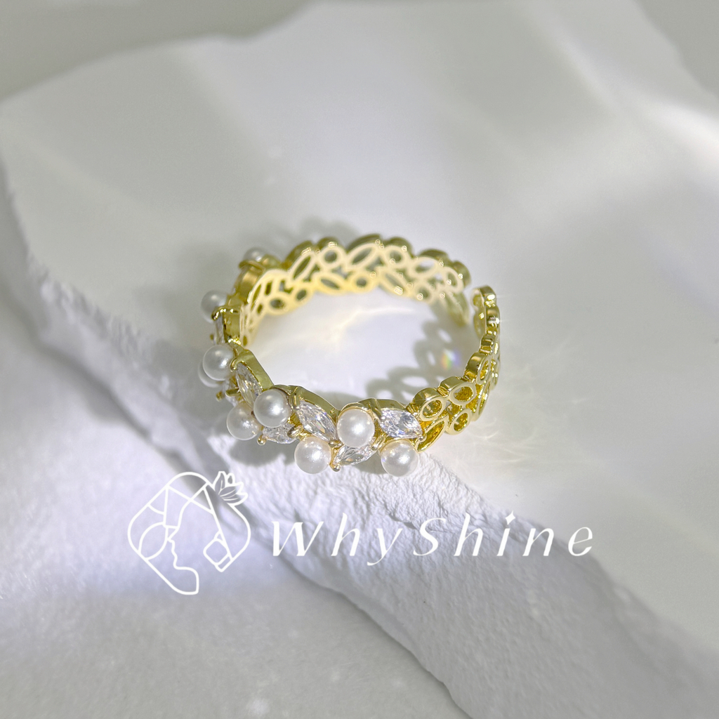 氣質珍珠鑽葉戒指