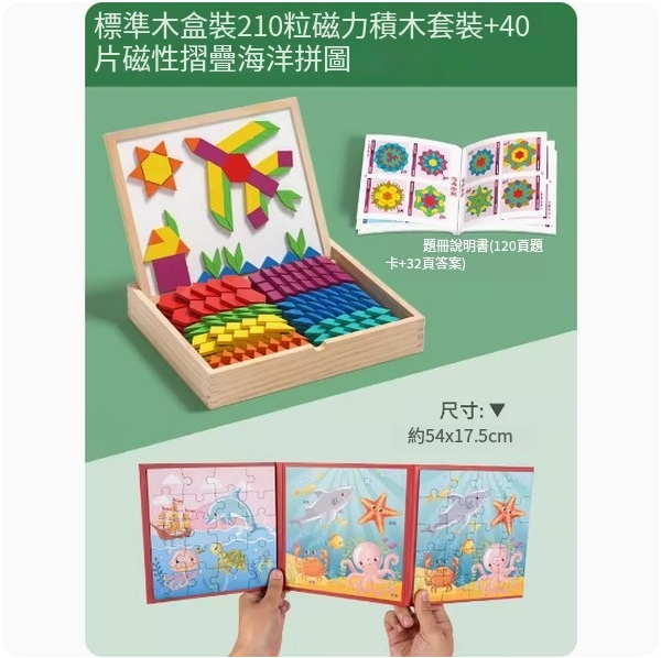 新款兒童玩具(標準升級支架木盒裝210粒磁力積木套裝+40片磁性折疊海洋拼圖)