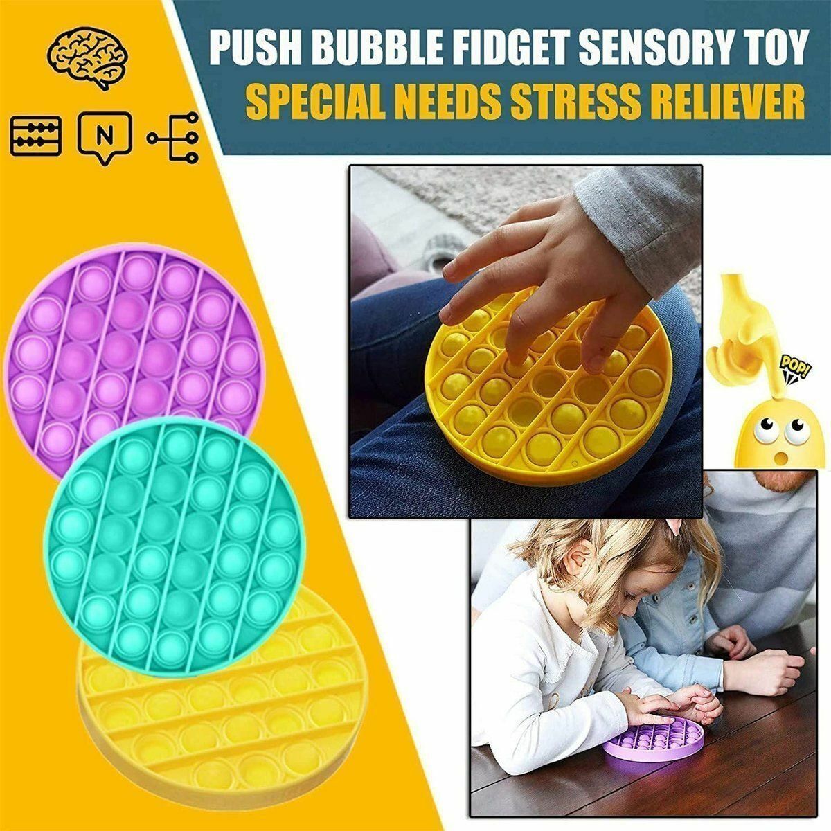 New decompression toy squeeze type somatosensory desk training concentration game pop it push Fidget Sensory Toy Autism ADHD ADD training parent-child round - yellow