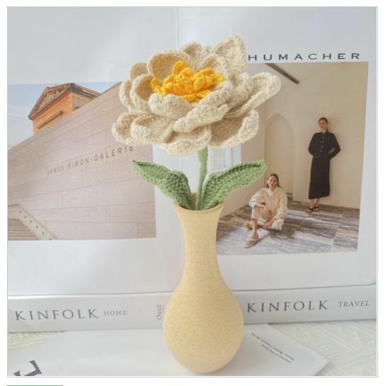 New wool hand-knitted crochet peony flower (khaki white) Note: vase not included
