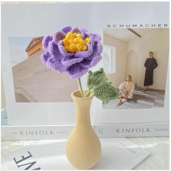 New wool hand-knitted crochet peony flower (snow green-purple) Note: vase not included