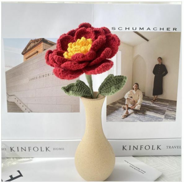 New wool hand-knitted crochet peony flower (big red) Note: vase not included