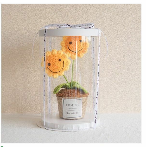 New wool hand-knitted crochet flower sunflower pot-cut bucket (two sunflowers) beautifully packaged [Note: no thank you sticker]