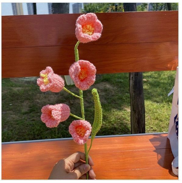 New wool hand-knitted crochet flower product (one pink lily of the valley flower)